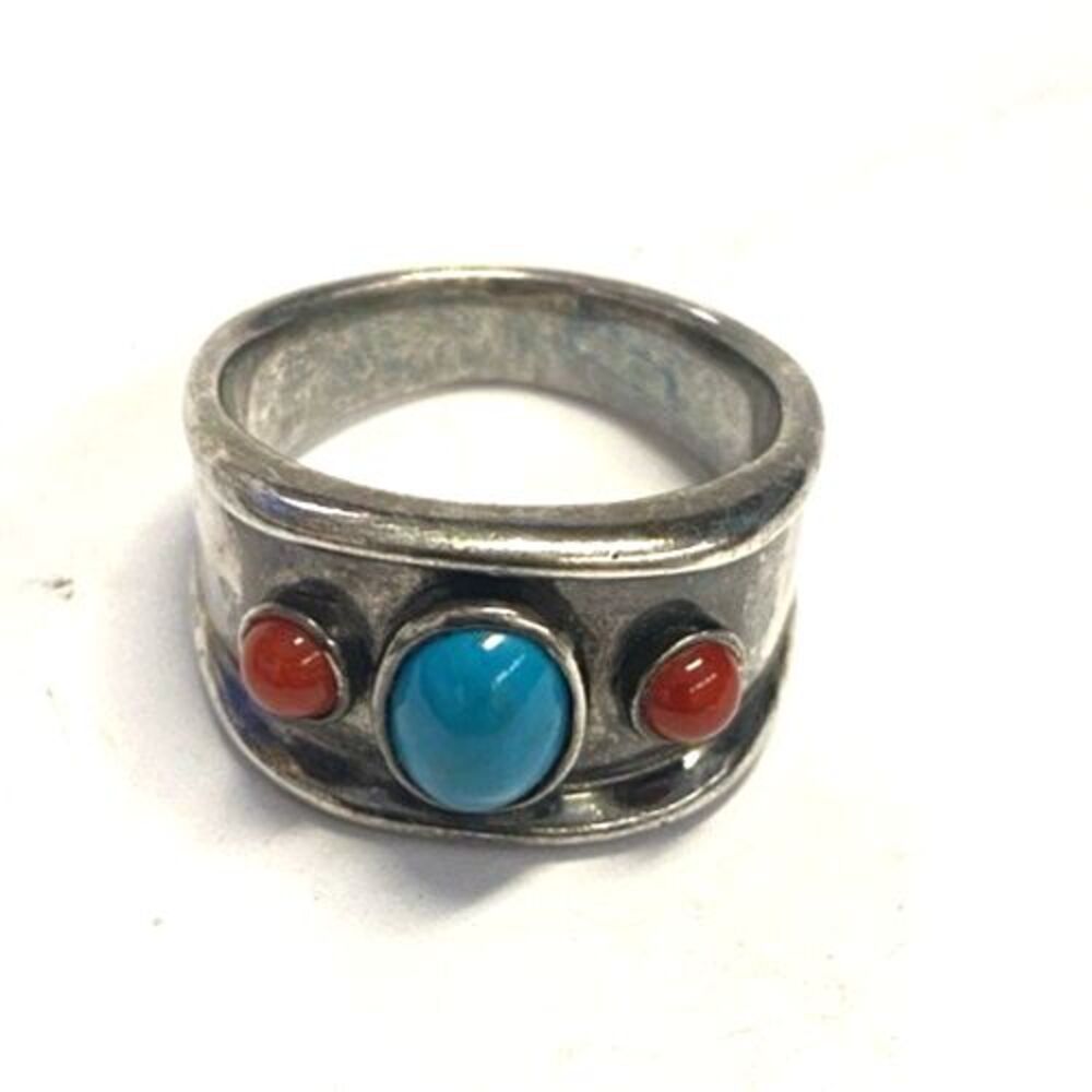 Joseph Esposito Vintage Sterling Silver 925 Turquoise Coral Stones Ring Size 9.5